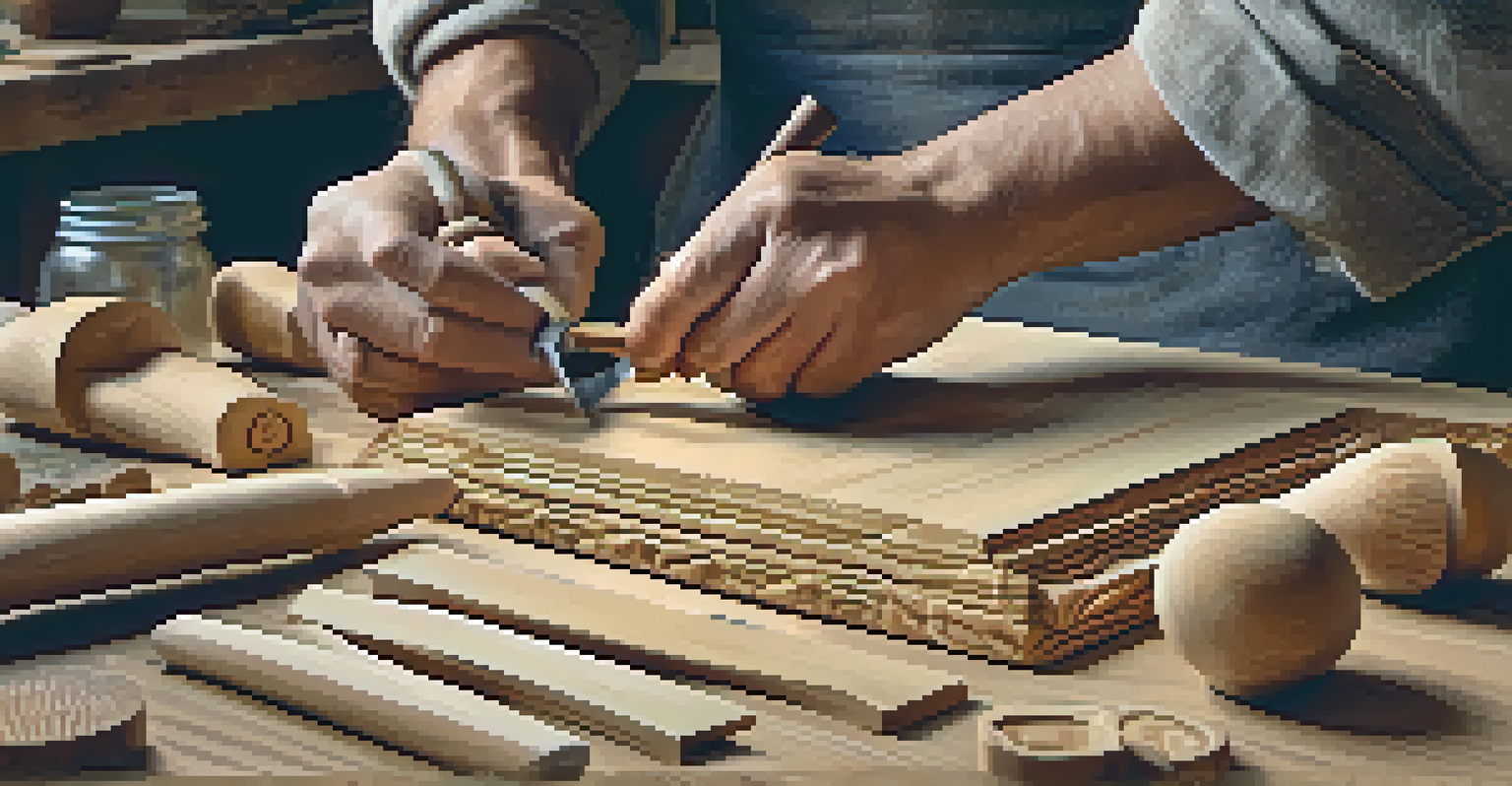 An artisan's hands carving a wooden duck, highlighting the details of the wood texture and shavings, with tools around on a textured workbench.