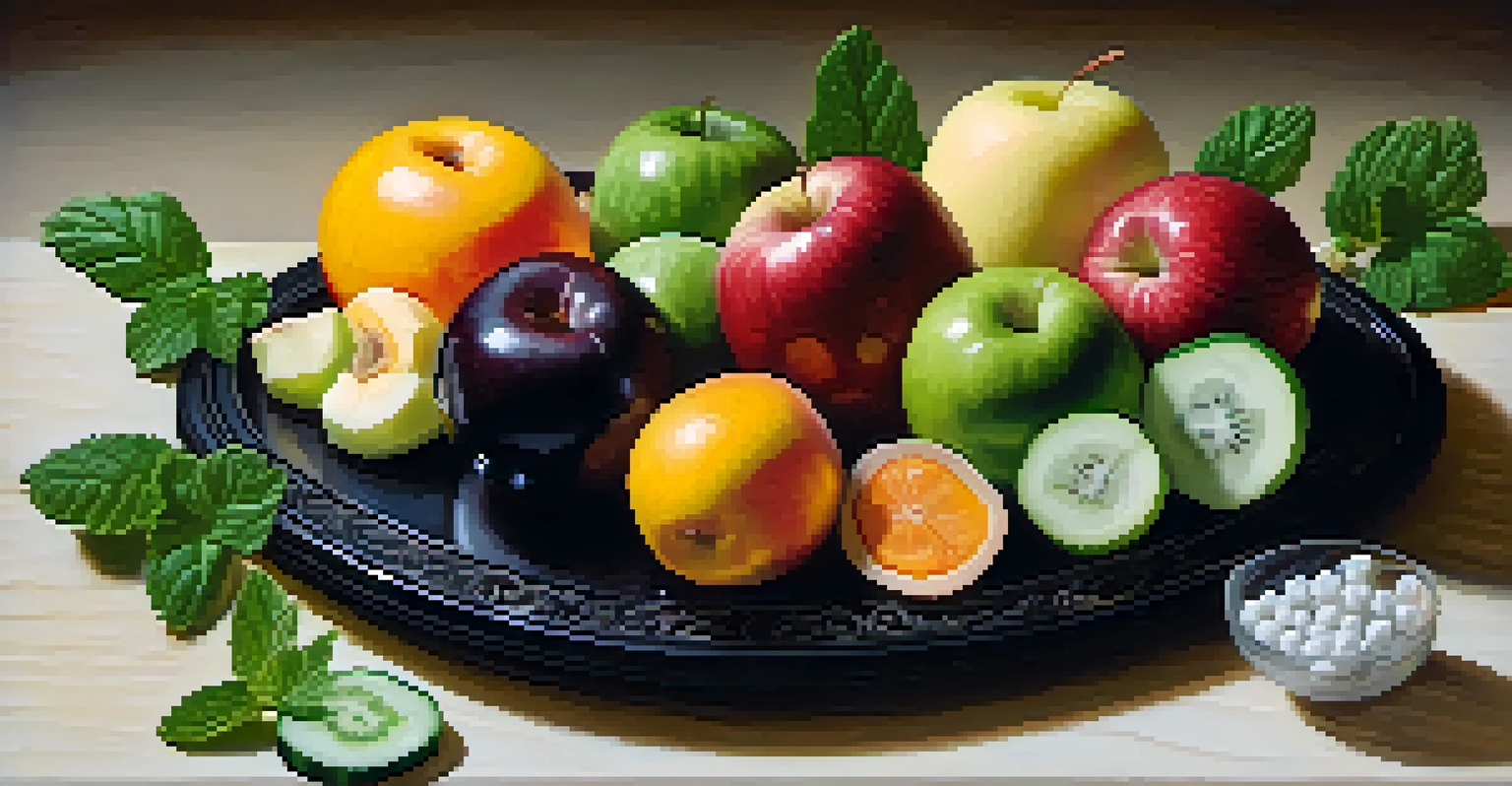 An elegant fruit platter with carved fruits like apple roses and melon balls, garnished with mint leaves and edible flowers on a wooden board.