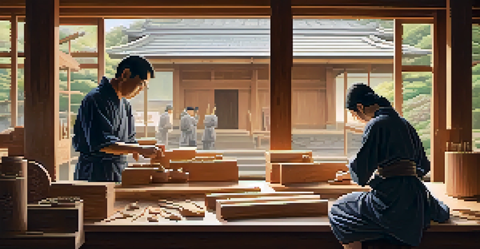 A skilled artisan working in a Japanese wood carving workshop, surrounded by tools and completed wood carvings, with natural light illuminating the space.