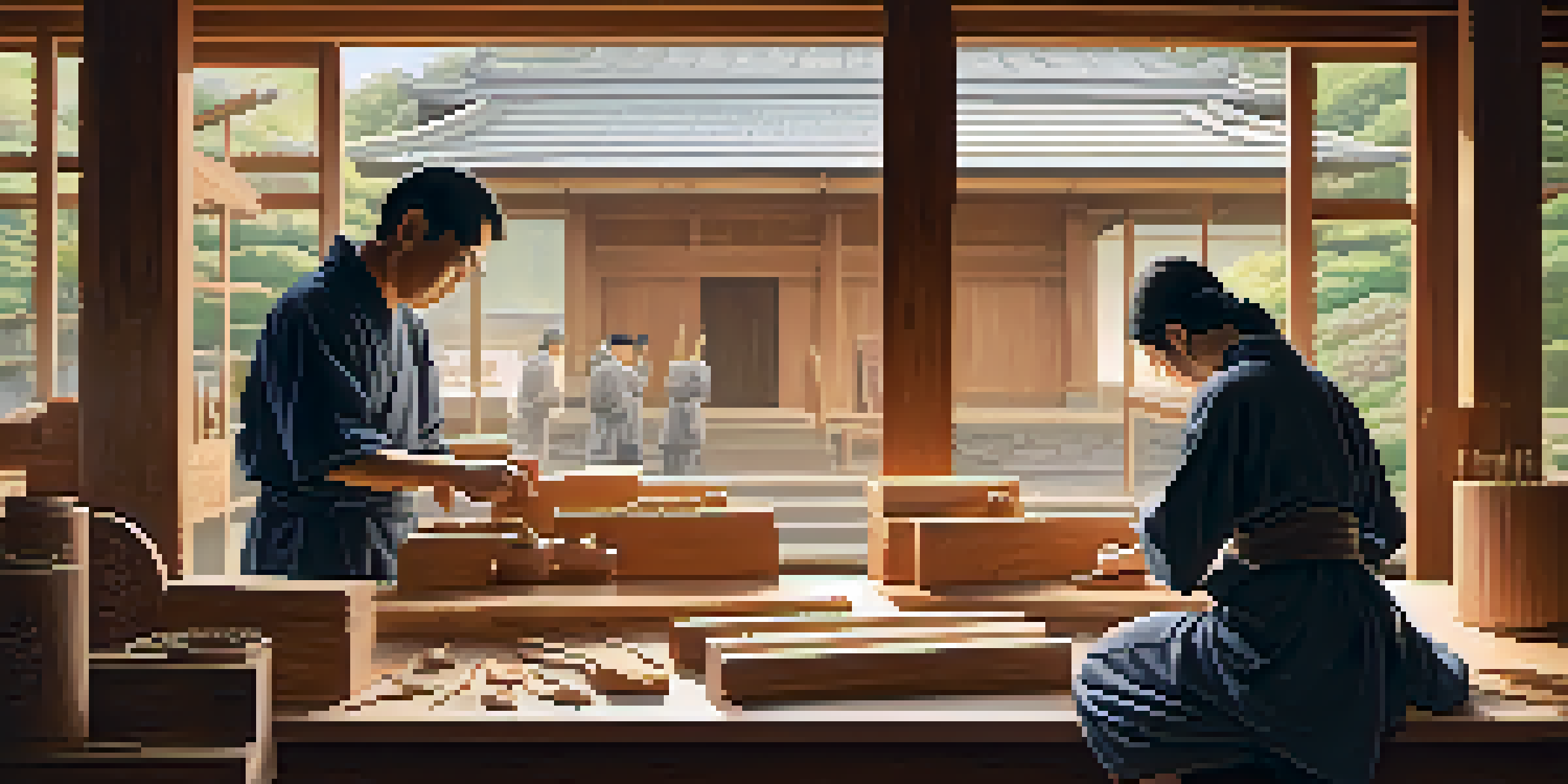 A skilled artisan working in a Japanese wood carving workshop, surrounded by tools and completed wood carvings, with natural light illuminating the space.