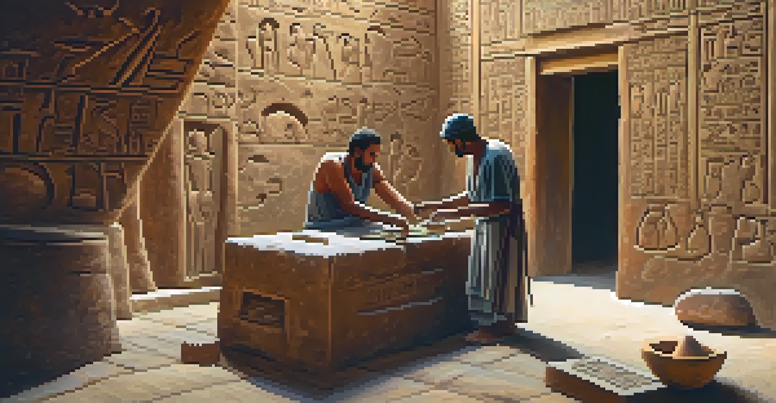 An ancient Egyptian artisan carving hieroglyphics into a stone wall, surrounded by tools and illuminated by natural light.
