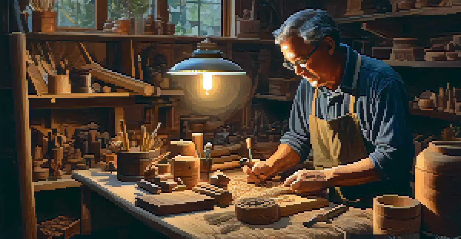 An artisan working on a wooden figure in a well-lit workshop filled with tools and wood shavings.