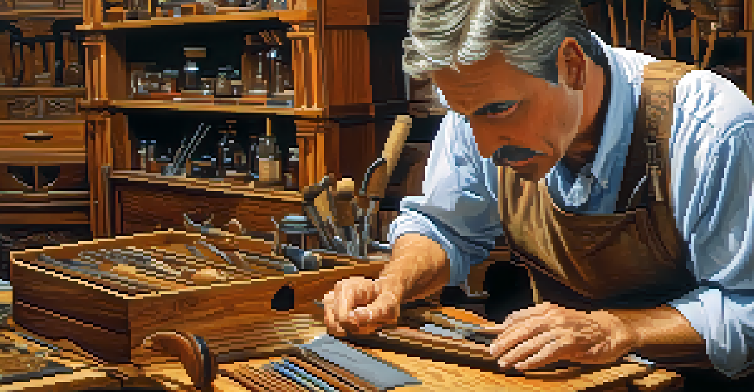 A craftsman inspecting an antique chair's carvings and wood grain, surrounded by wood finish samples and tools.