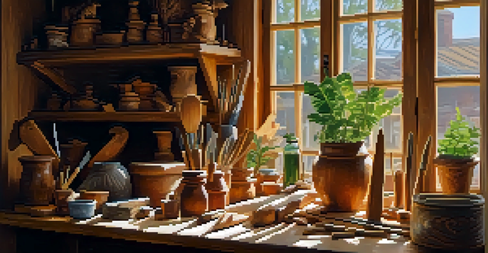 A workshop with a wooden table full of carving tools and a partially carved wooden spoon, illuminated by soft natural light.