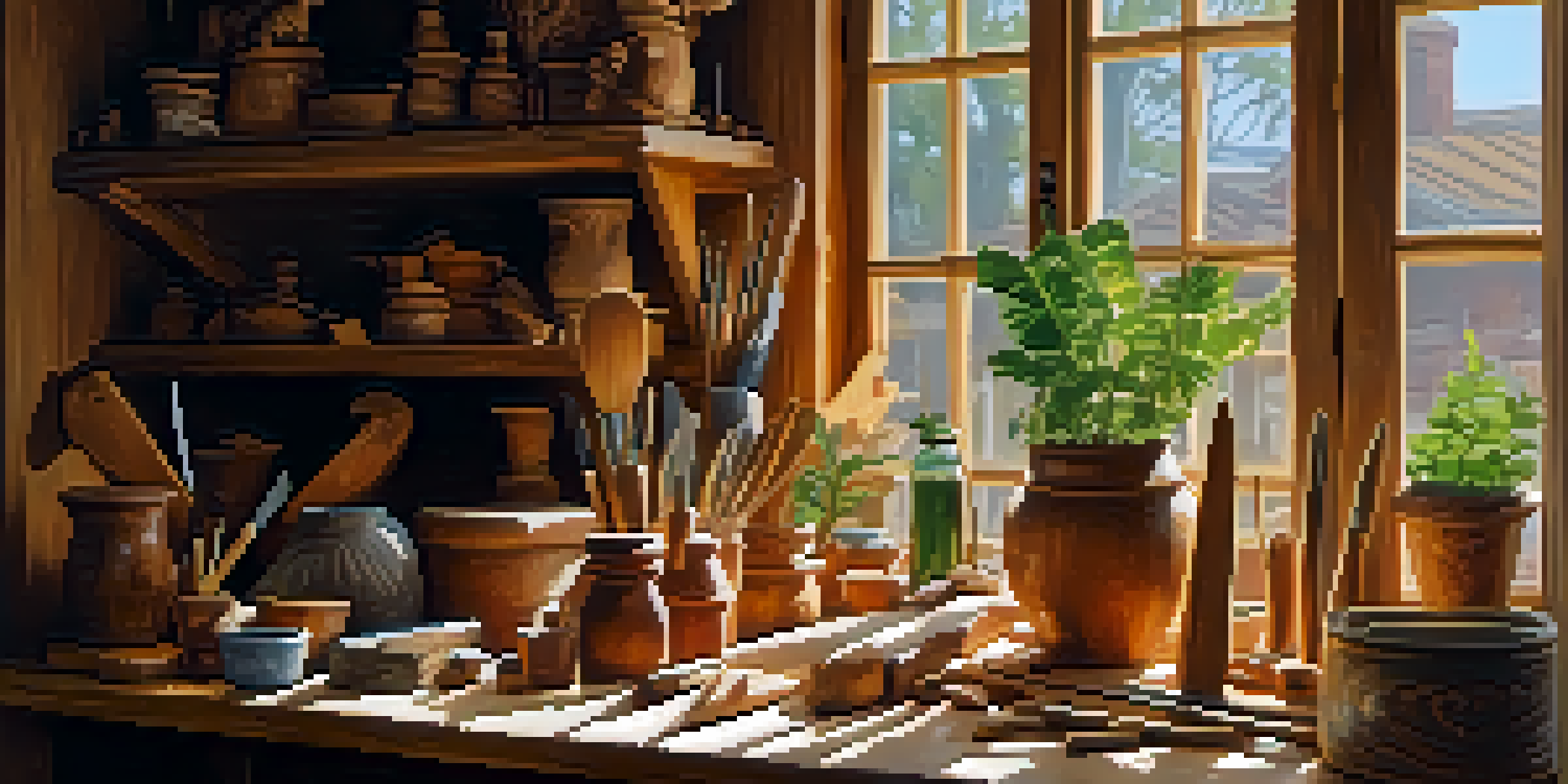 A workshop with a wooden table full of carving tools and a partially carved wooden spoon, illuminated by soft natural light.