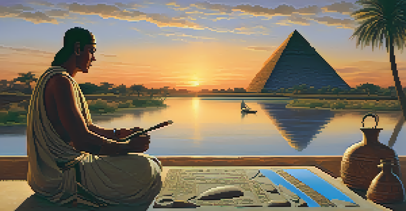 An ancient Egyptian sculptor carving hieroglyphics by the Nile River at sunset, with pyramids in the background.