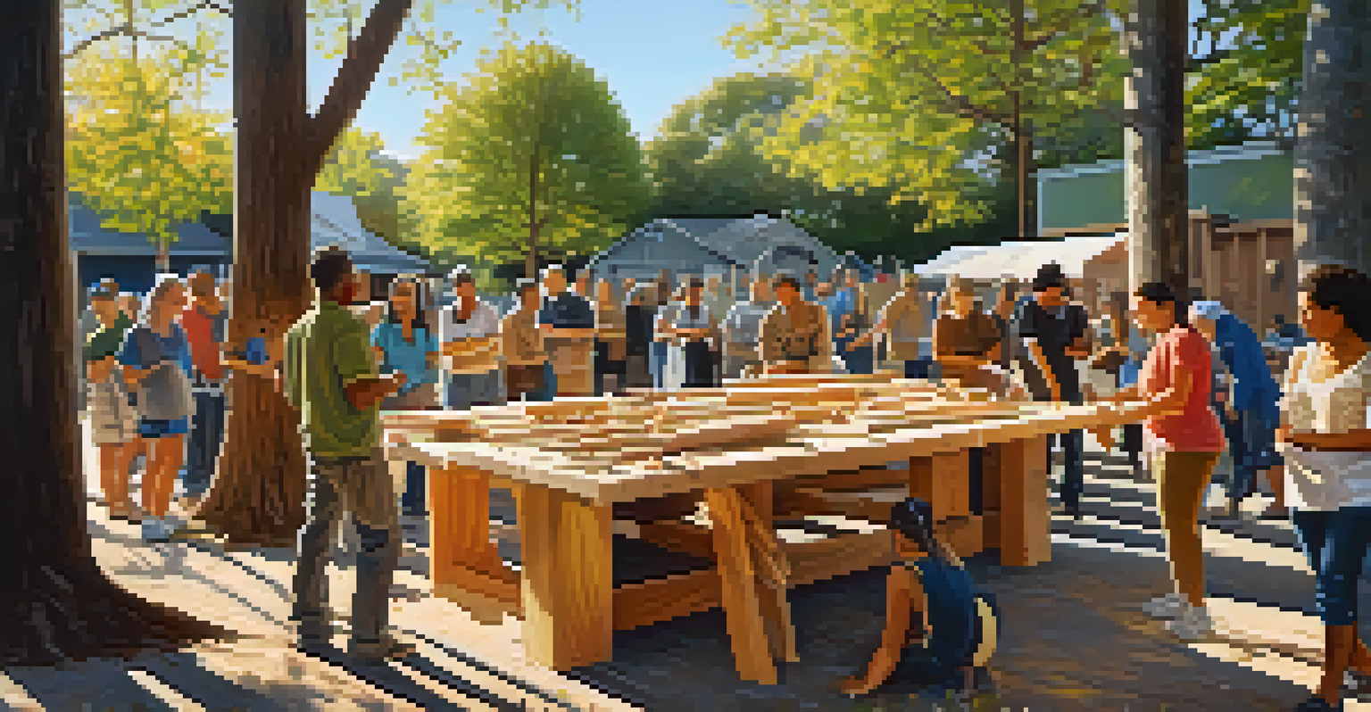 A community workshop with diverse artists collaboratively creating a large wooden sculpture under sunlight.