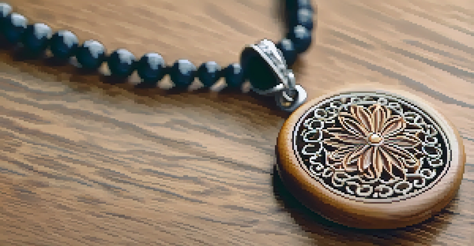 A close-up image of a wooden pendant with intricate floral carvings, illuminated by soft natural light.