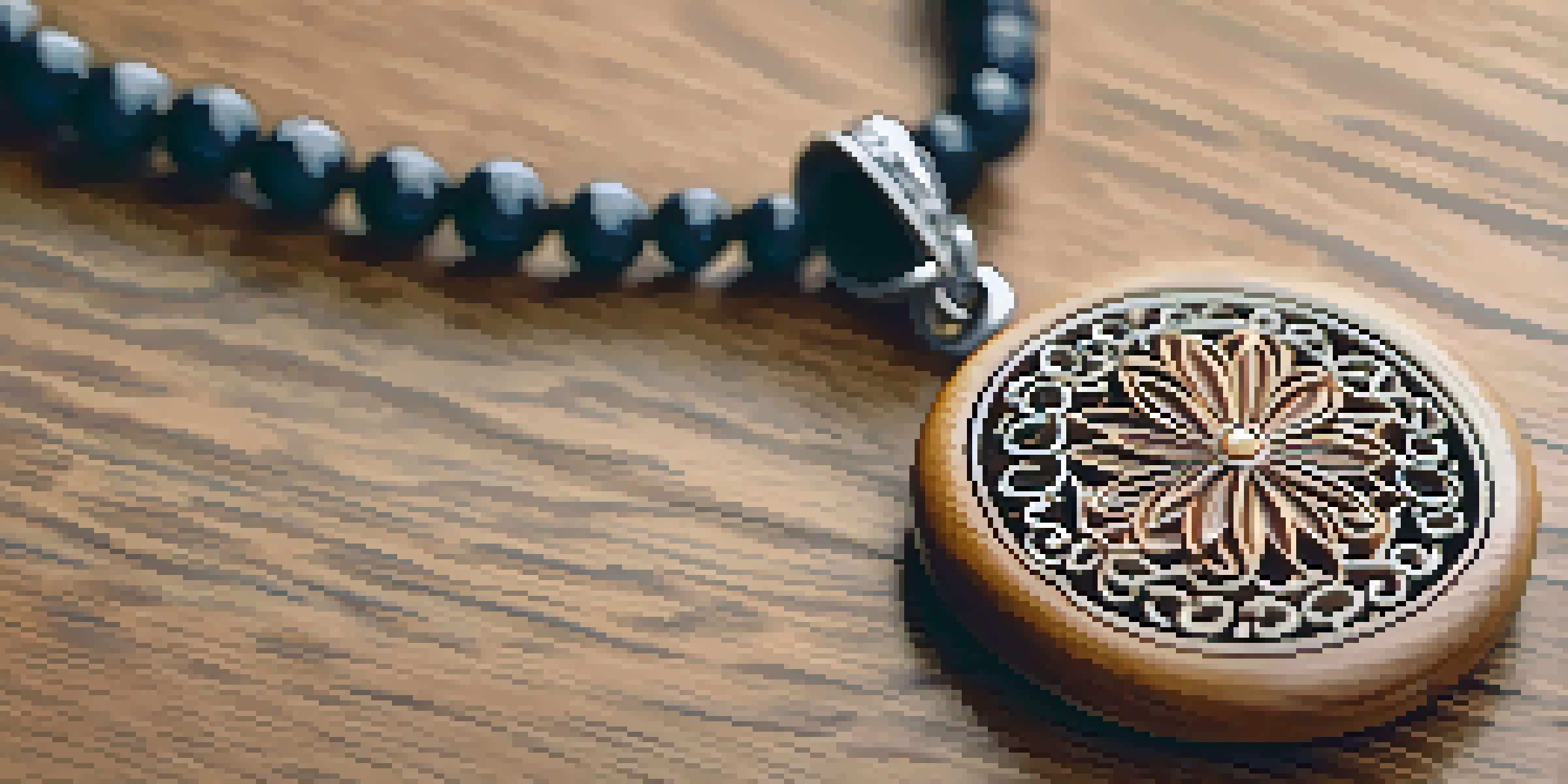 A close-up image of a wooden pendant with intricate floral carvings, illuminated by soft natural light.