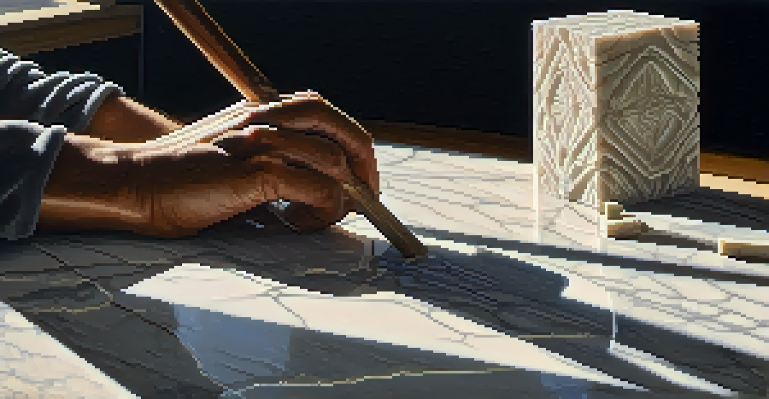 An artist carving detailed patterns into marble, with a focus on the hand and tools, surrounded by a well-lit studio filled with dust particles in the sunlight.