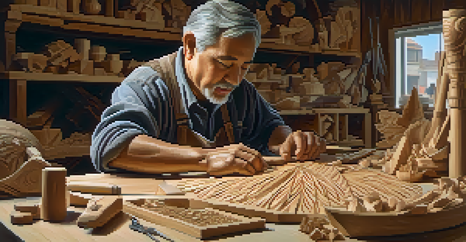An artisan deeply focused on carving a wooden figure, surrounded by shavings and tools, with warm light highlighting their work and hands.