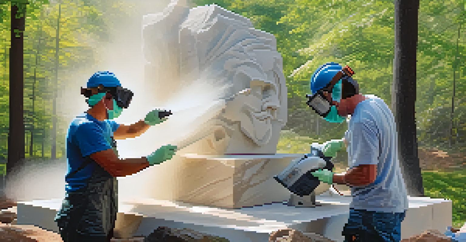 An artist working on a marble sculpture outdoors with a power tool, wearing safety gear, surrounded by dust and trees.