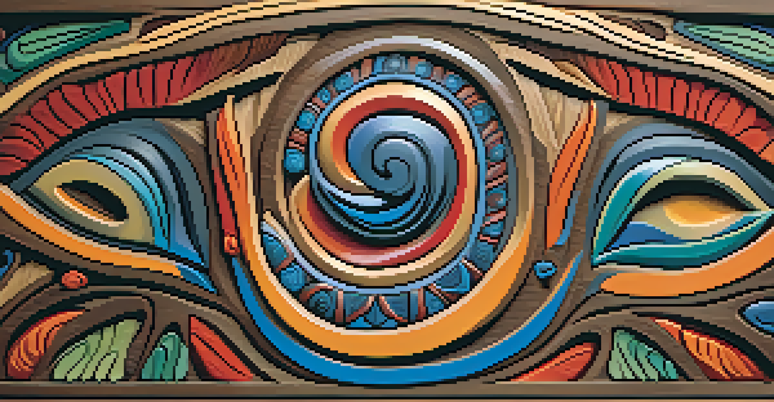 A close-up of a colorful Maori wooden carving with intricate patterns and symbols against a simple background.