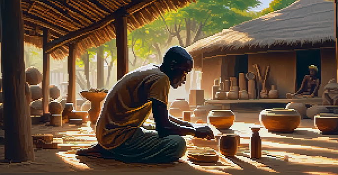 An African wood carver working on sculptures under a thatched roof, with tools scattered around and sunlight filtering through leaves.