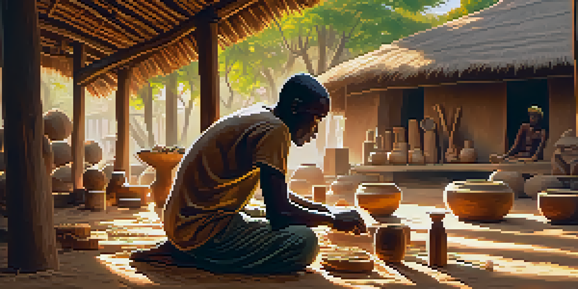An African wood carver working on sculptures under a thatched roof, with tools scattered around and sunlight filtering through leaves.