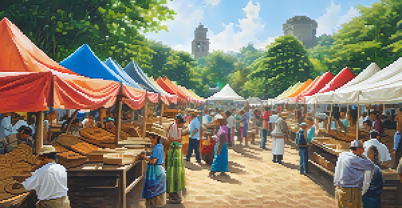 A community event featuring artisans demonstrating traditional carving techniques, with colorful banners and engaged attendees in a lush outdoor setting.