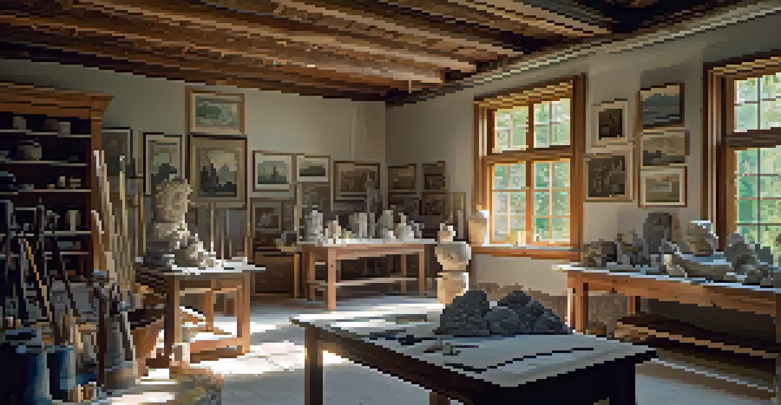 An artist's studio with stone sculptures and carving tools, featuring a cozy atmosphere and warm lighting.
