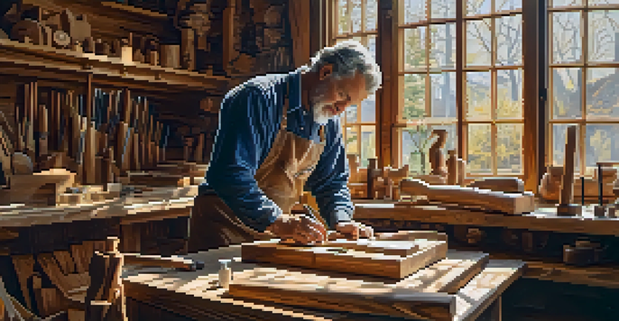 A wood carver in a bright workshop, focused on carving a sculpture from reclaimed wood, with tools and wood pieces around them.