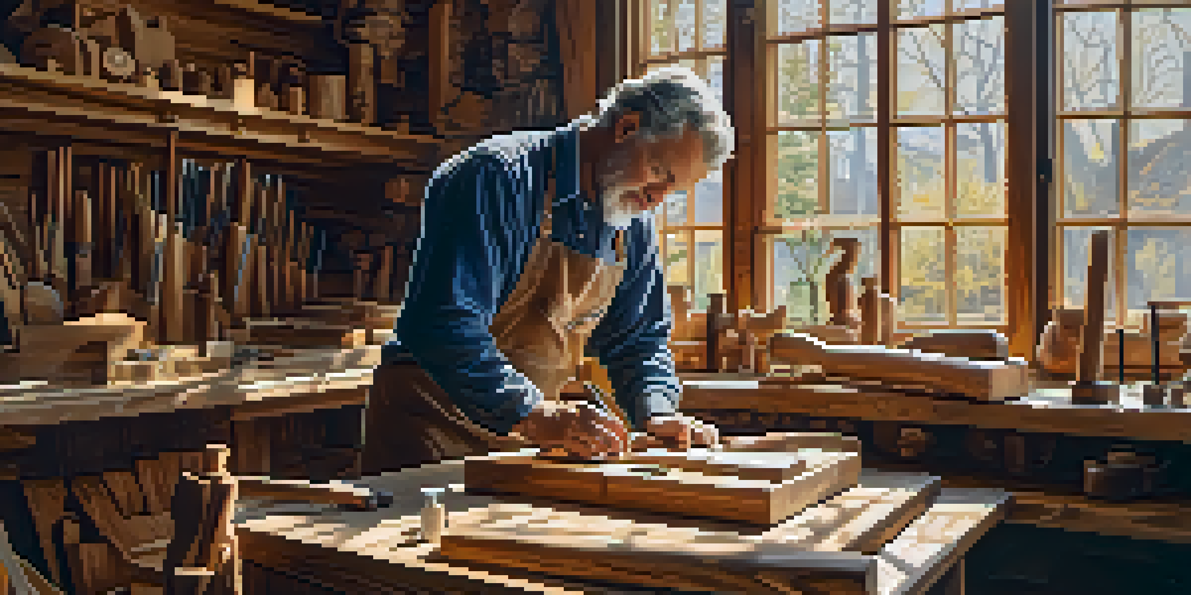 A wood carver in a bright workshop, focused on carving a sculpture from reclaimed wood, with tools and wood pieces around them.