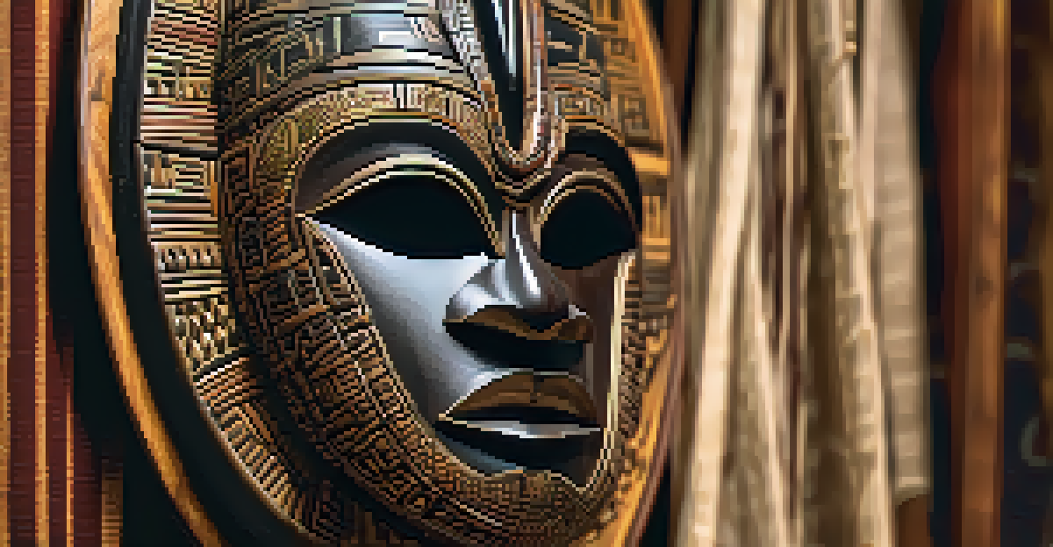 A close-up of an intricately carved African mask made of dark wood, showcasing symbolic designs and textures.