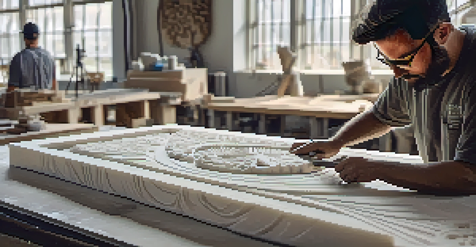 A modern stone carving artist operating a CNC machine on marble, surrounded by tools in a sunlit workshop.