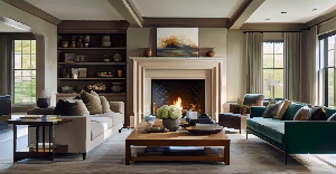 A warm and inviting living room with a carved wooden fireplace mantel, plush furniture, and abstract art on the wall.