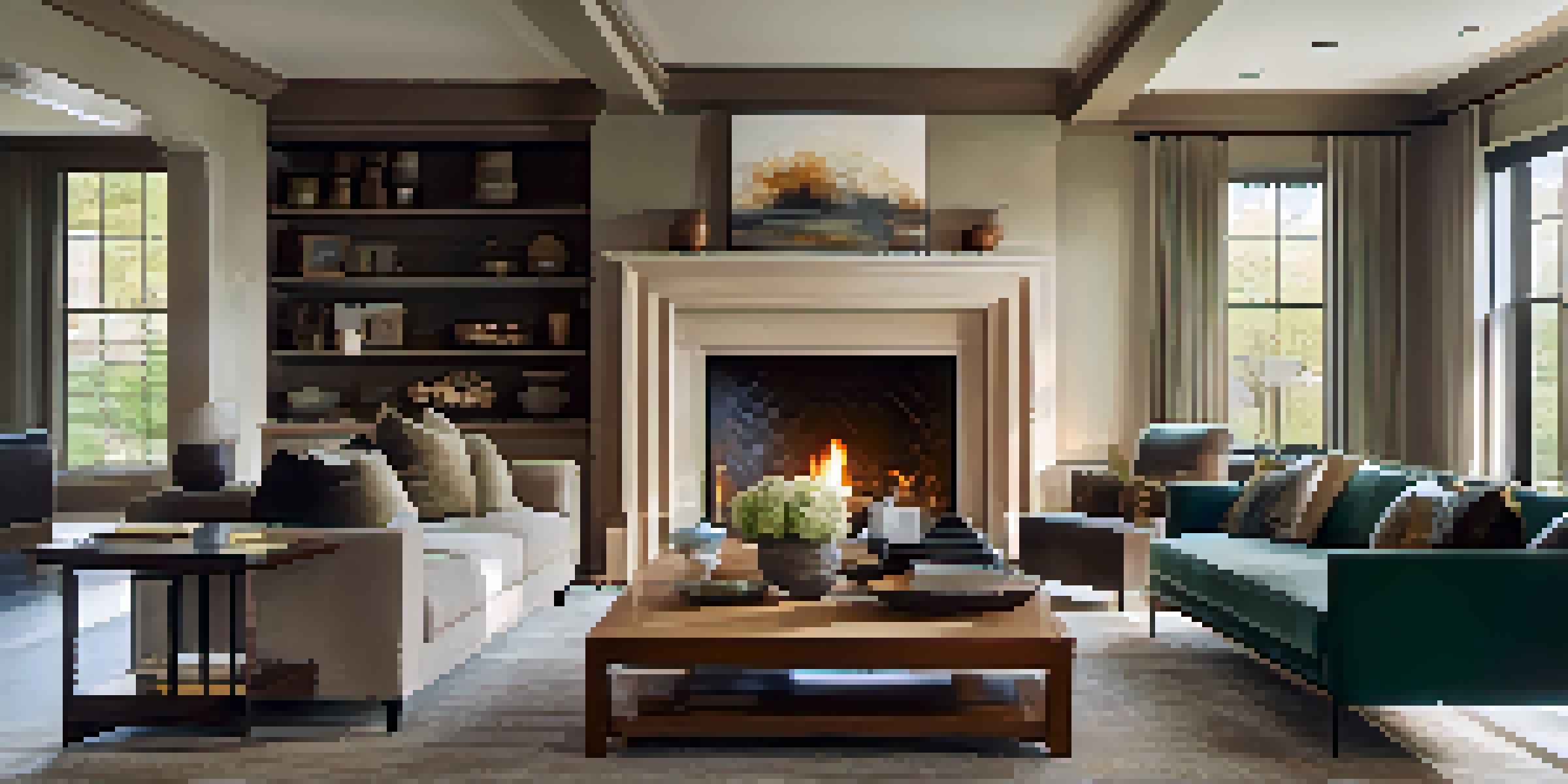 A warm and inviting living room with a carved wooden fireplace mantel, plush furniture, and abstract art on the wall.