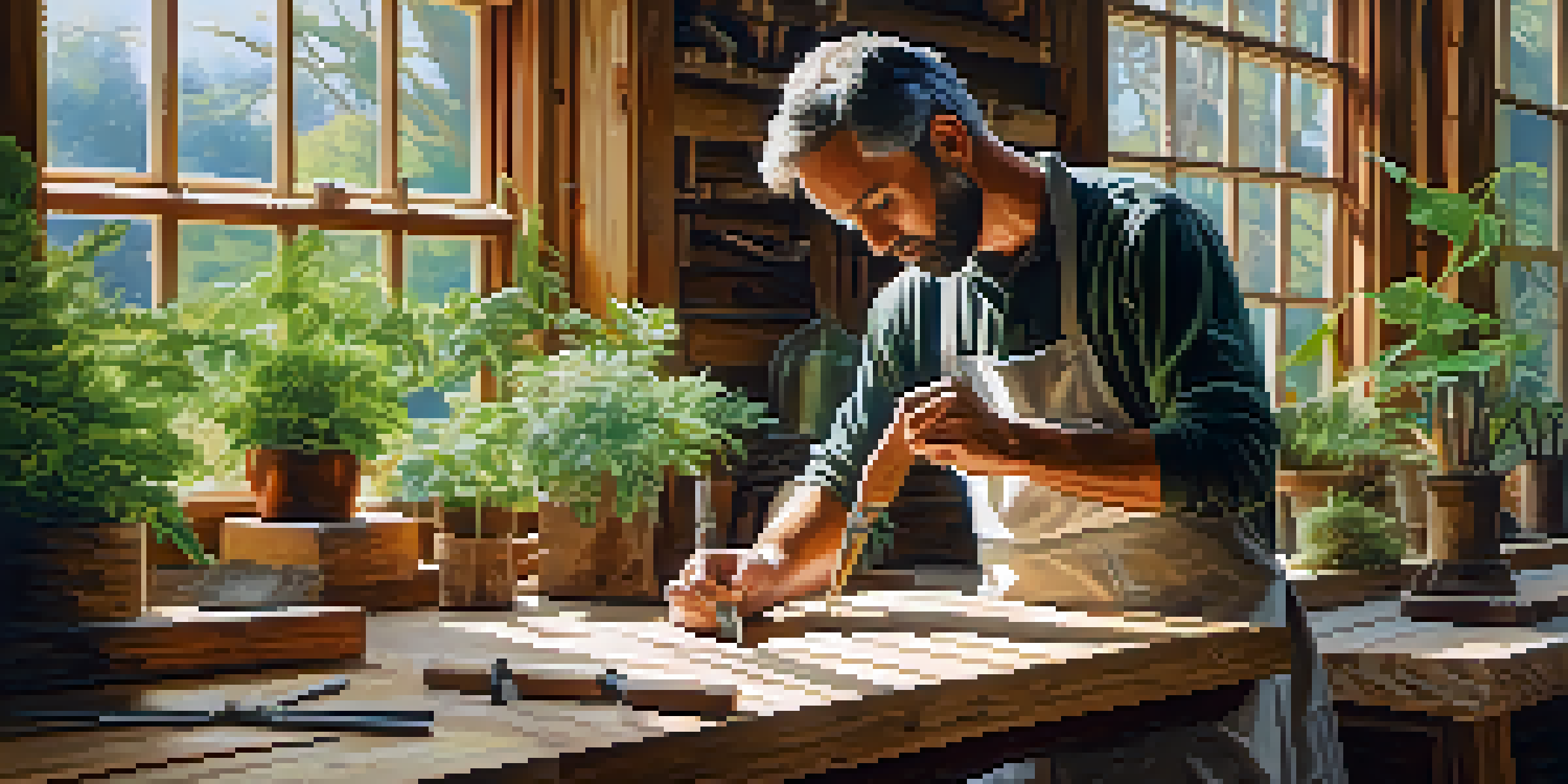 An artist in a workshop carving reclaimed wood, with natural light illuminating the scene and green plants in the background.