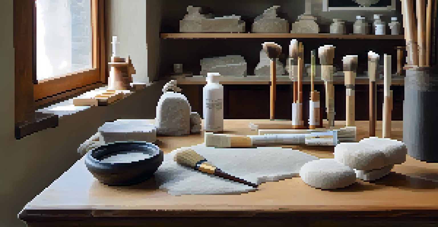 A workspace set up for cleaning stone carvings, with brushes and cloths on a wooden table, natural light illuminating the area, and a limestone carving in the background.