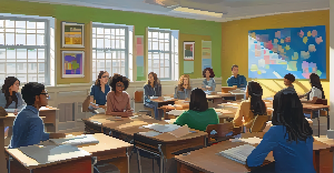 A mentor discussing with a diverse group of attentive students in a bright classroom filled with educational posters.