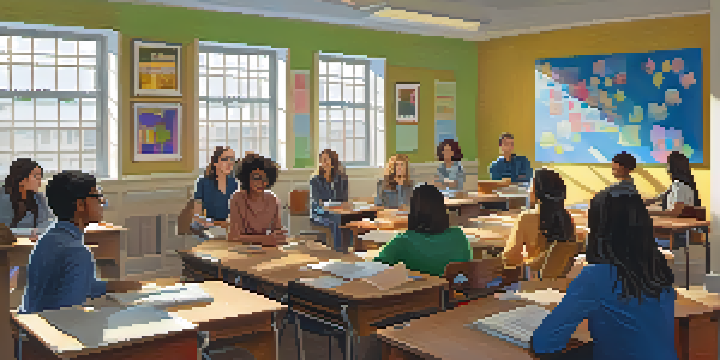A mentor discussing with a diverse group of attentive students in a bright classroom filled with educational posters.