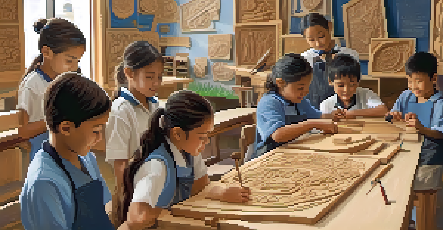 A classroom scene with a local artist teaching children how to carve, surrounded by art supplies and educational posters about cultural carving.