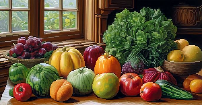 A colorful arrangement of beautifully carved fruits and vegetables on a wooden table in a softly lit kitchen.