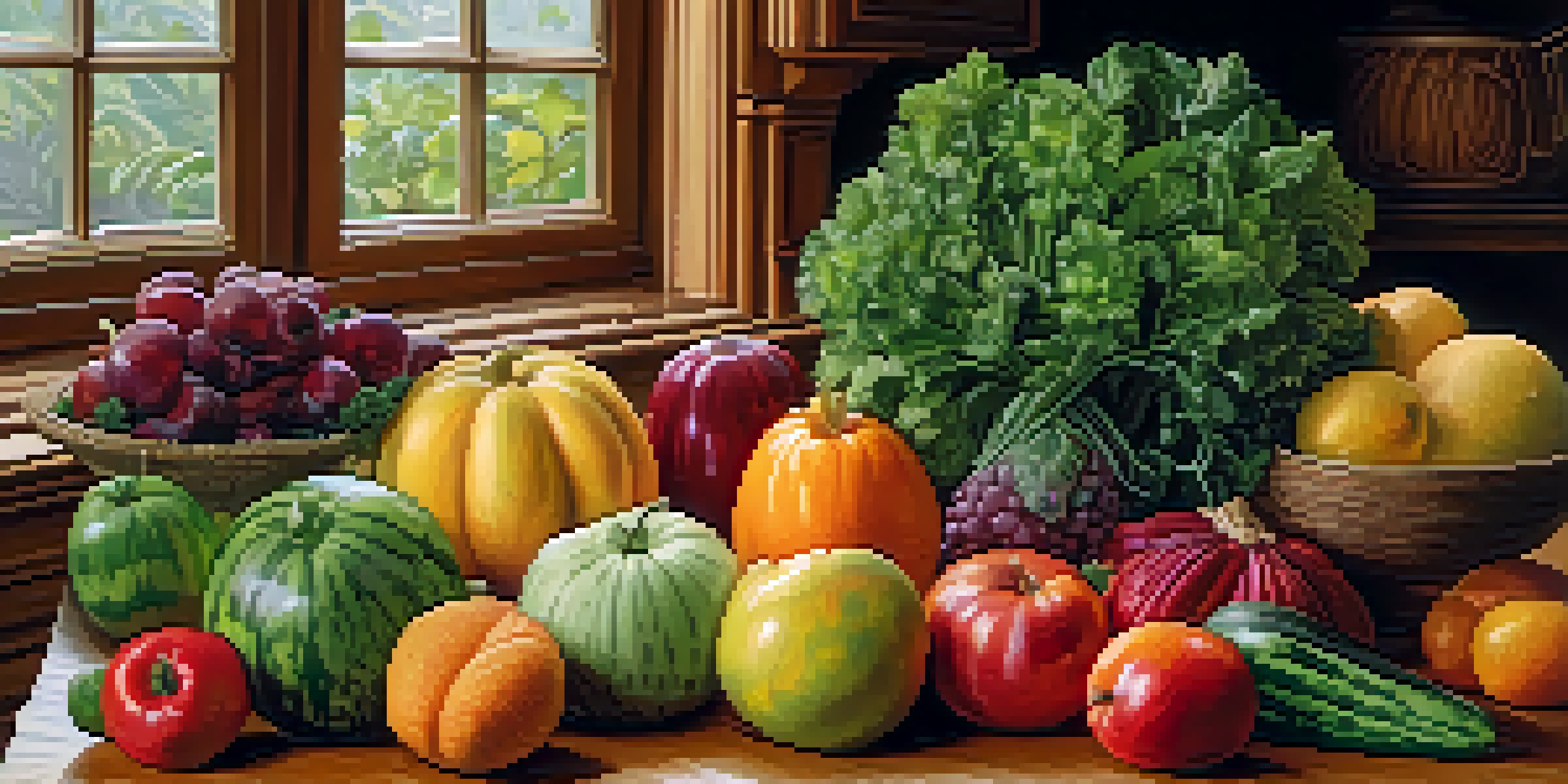 A colorful arrangement of beautifully carved fruits and vegetables on a wooden table in a softly lit kitchen.