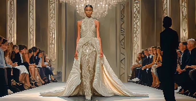 A model on a runway wearing a detailed haute couture gown with layered fabrics, surrounded by a blurred audience.