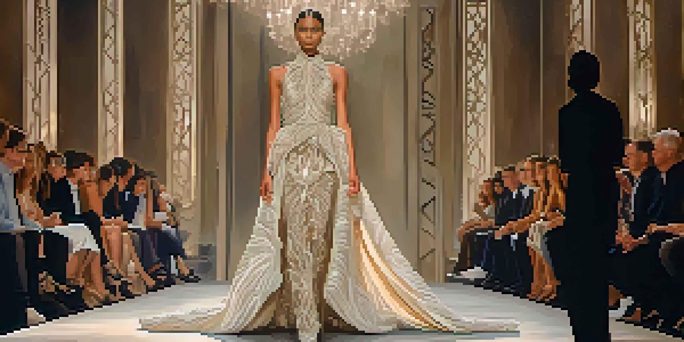 A model on a runway wearing a detailed haute couture gown with layered fabrics, surrounded by a blurred audience.