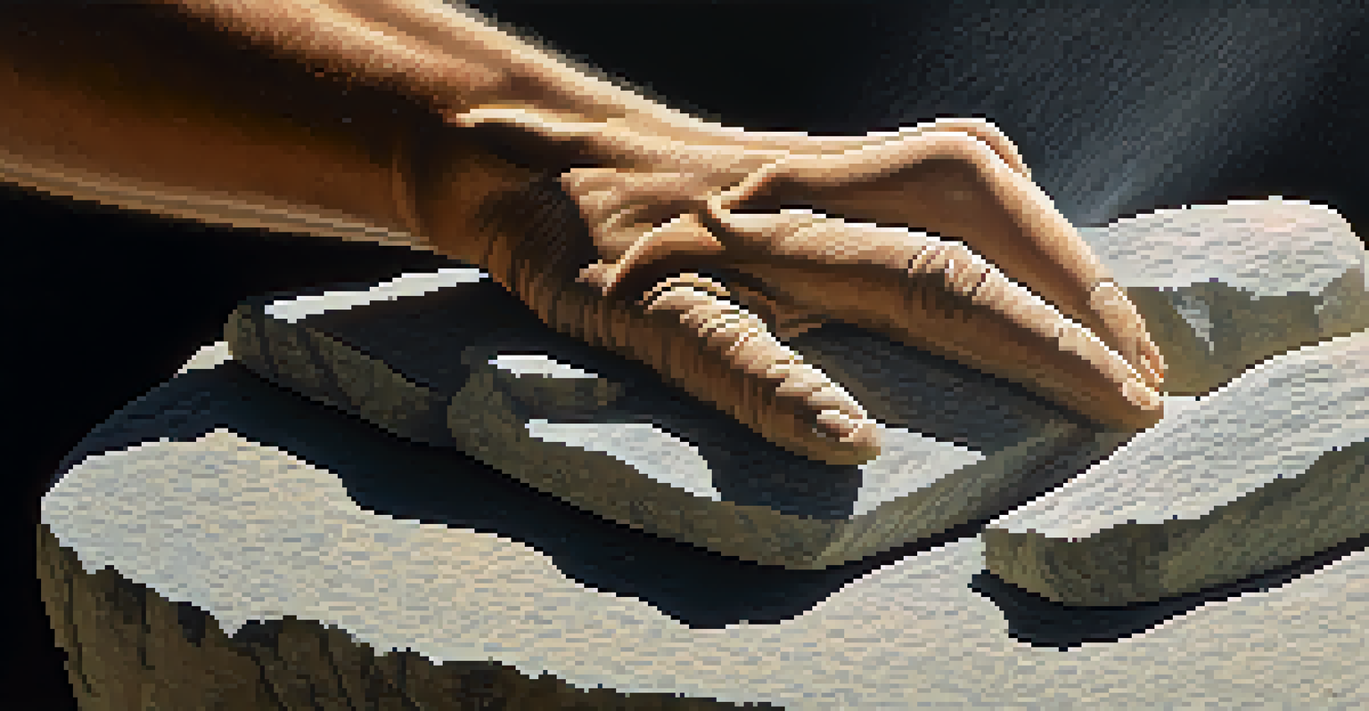 A sculptor's hands carving granite stone, with tools and dust illuminated by sunlight, showcasing the texture of the stone.