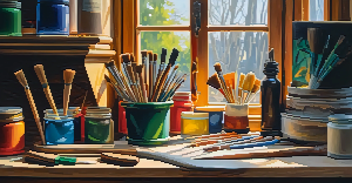 An artist's workspace with wood carving tools and colorful paints under natural light.