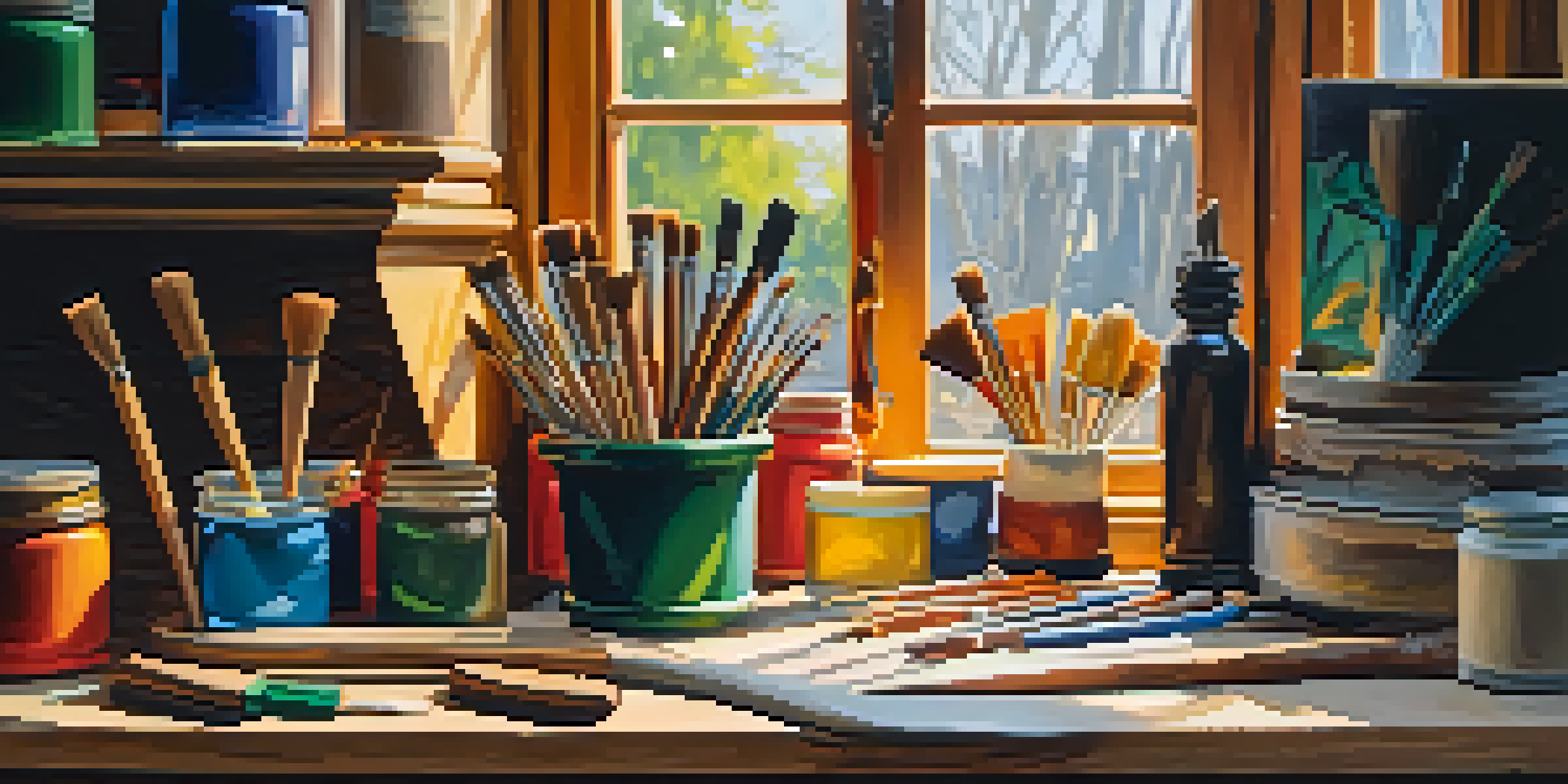 An artist's workspace with wood carving tools and colorful paints under natural light.