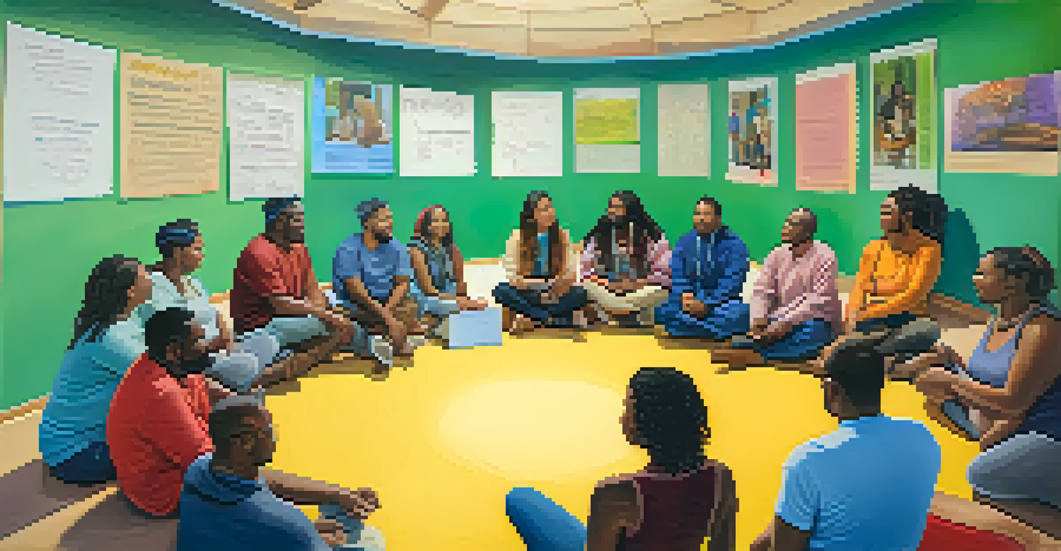 A diverse group of community members in a circle discussing health challenges in a cozy community center.