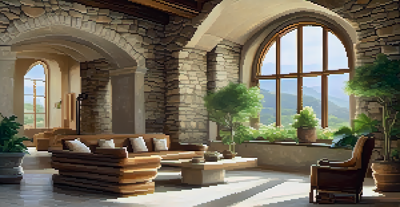 An interior room with carved stone walls and wooden furniture, filled with natural light and potted plants, creating a serene atmosphere.