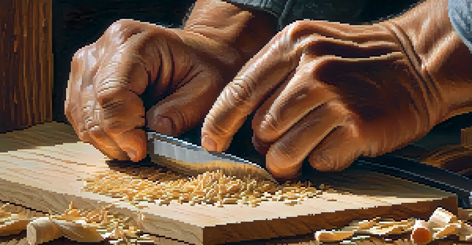 Close-up of hands carving wood with a knife, showing wood shavings and detailed texture.