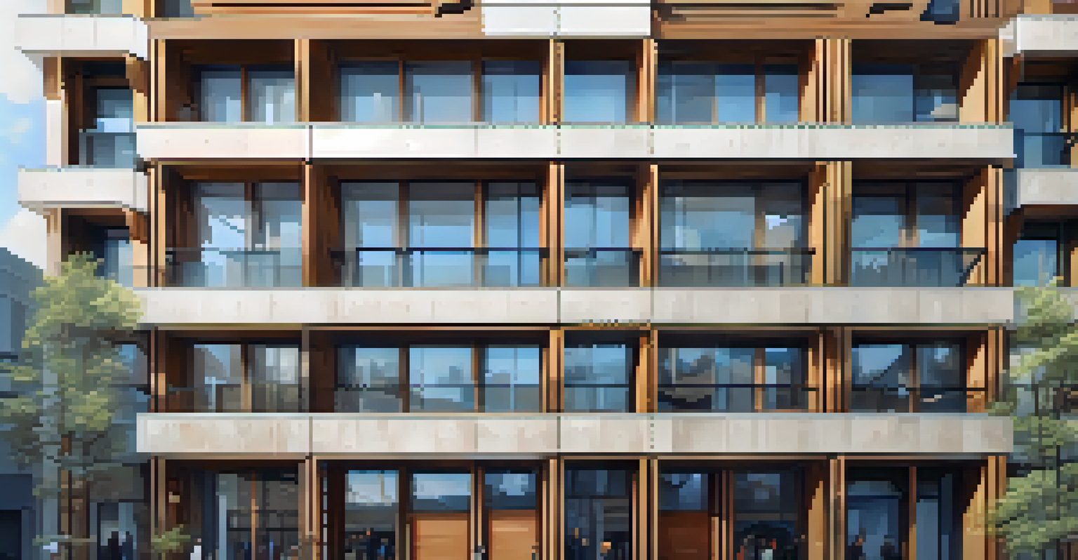 A modern building with abstract geometric carvings and a mix of textures, set in an urban environment.