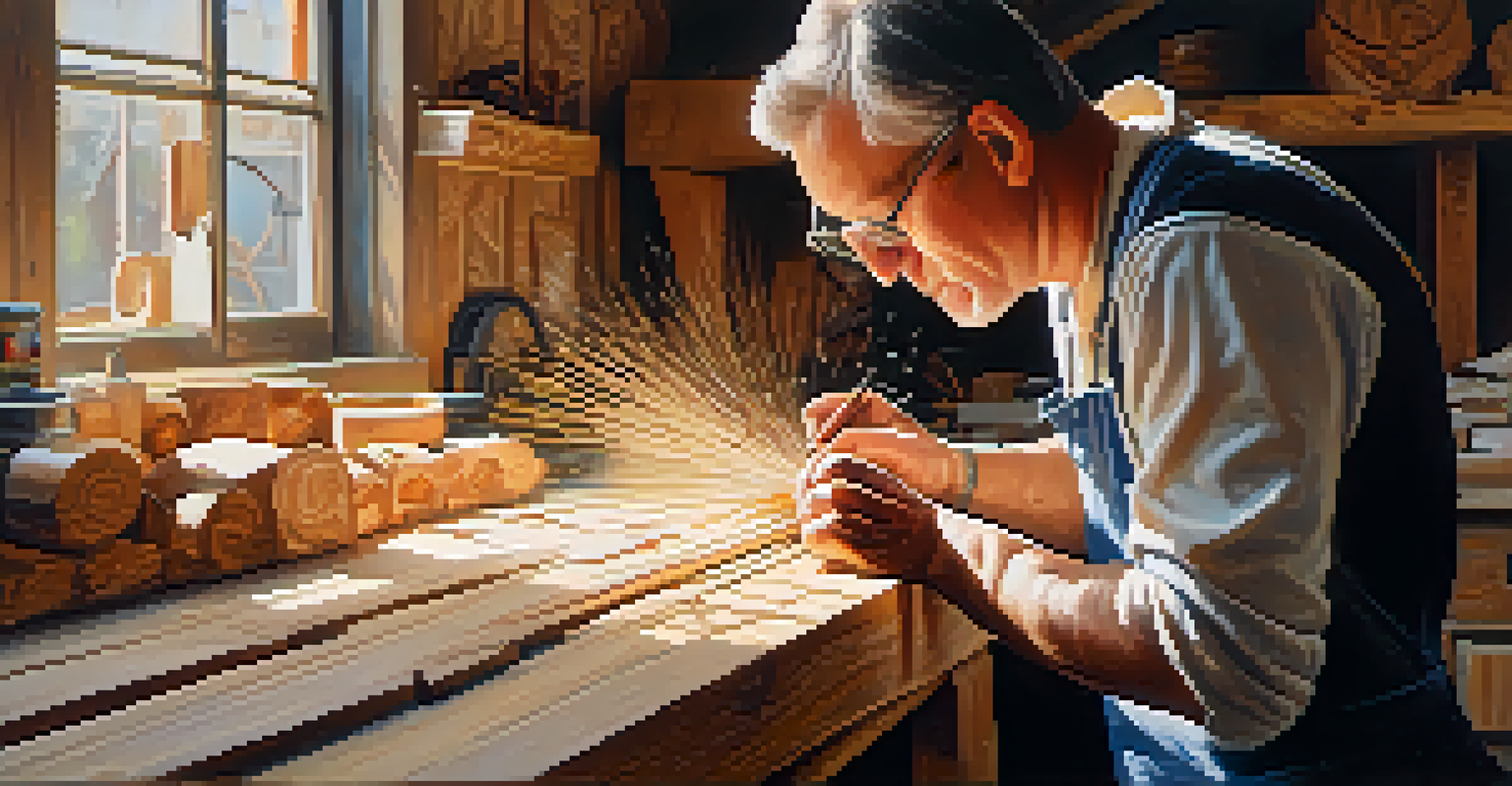 An artist hand-carving wood in a brightly lit workshop, showcasing intricate details and scattered wood shavings.