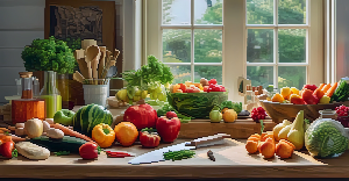 A clean and organized food carving workspace with colorful fruits and vegetables, sharp tools, and bright natural light.
