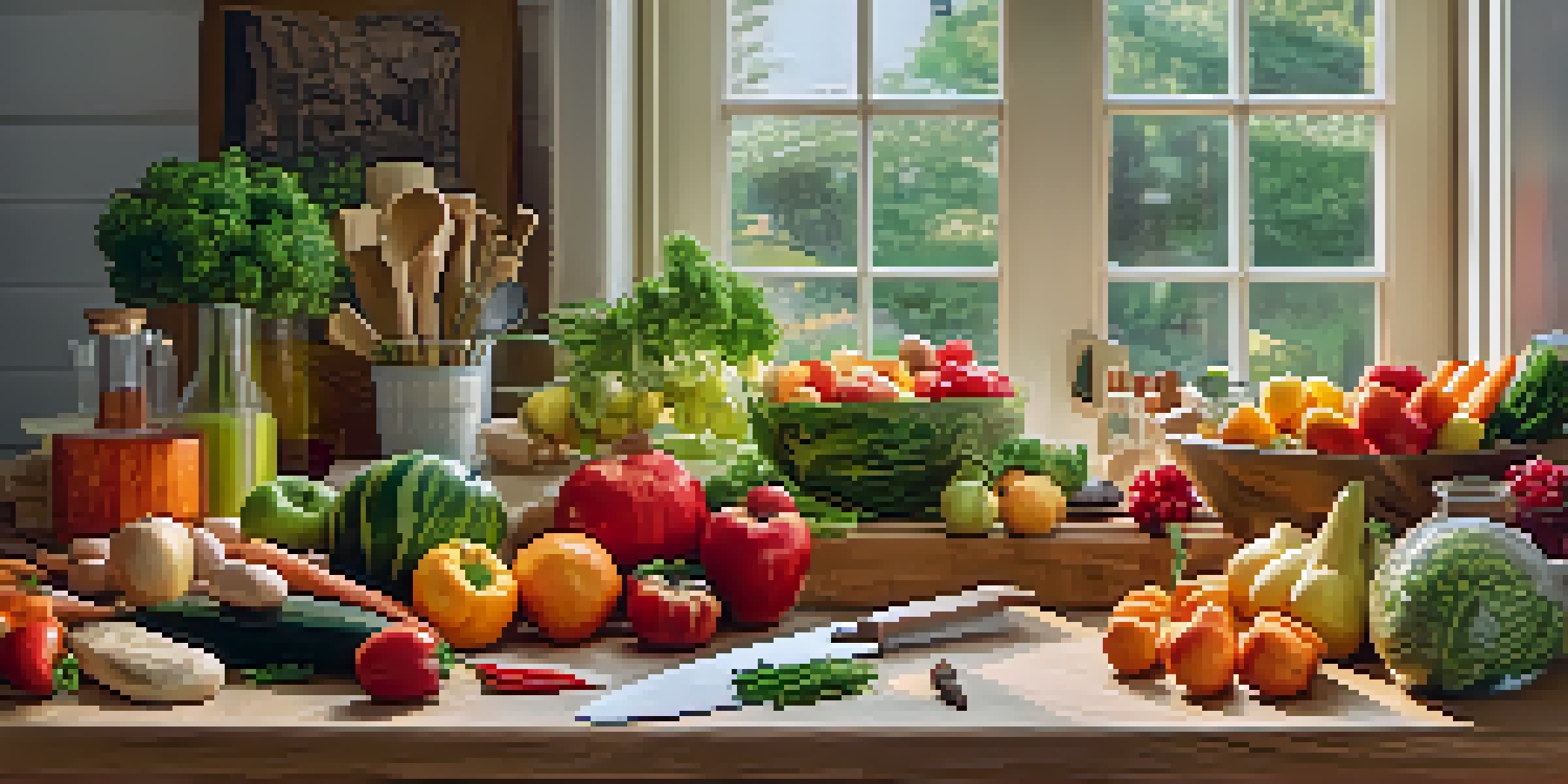 A clean and organized food carving workspace with colorful fruits and vegetables, sharp tools, and bright natural light.