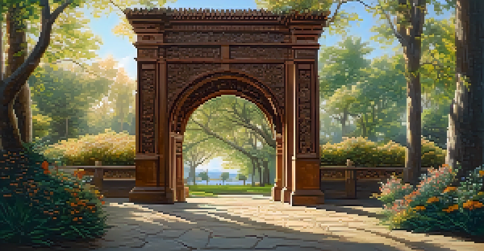 A carved wooden archway with floral designs in a sunny park, inviting people to walk through.