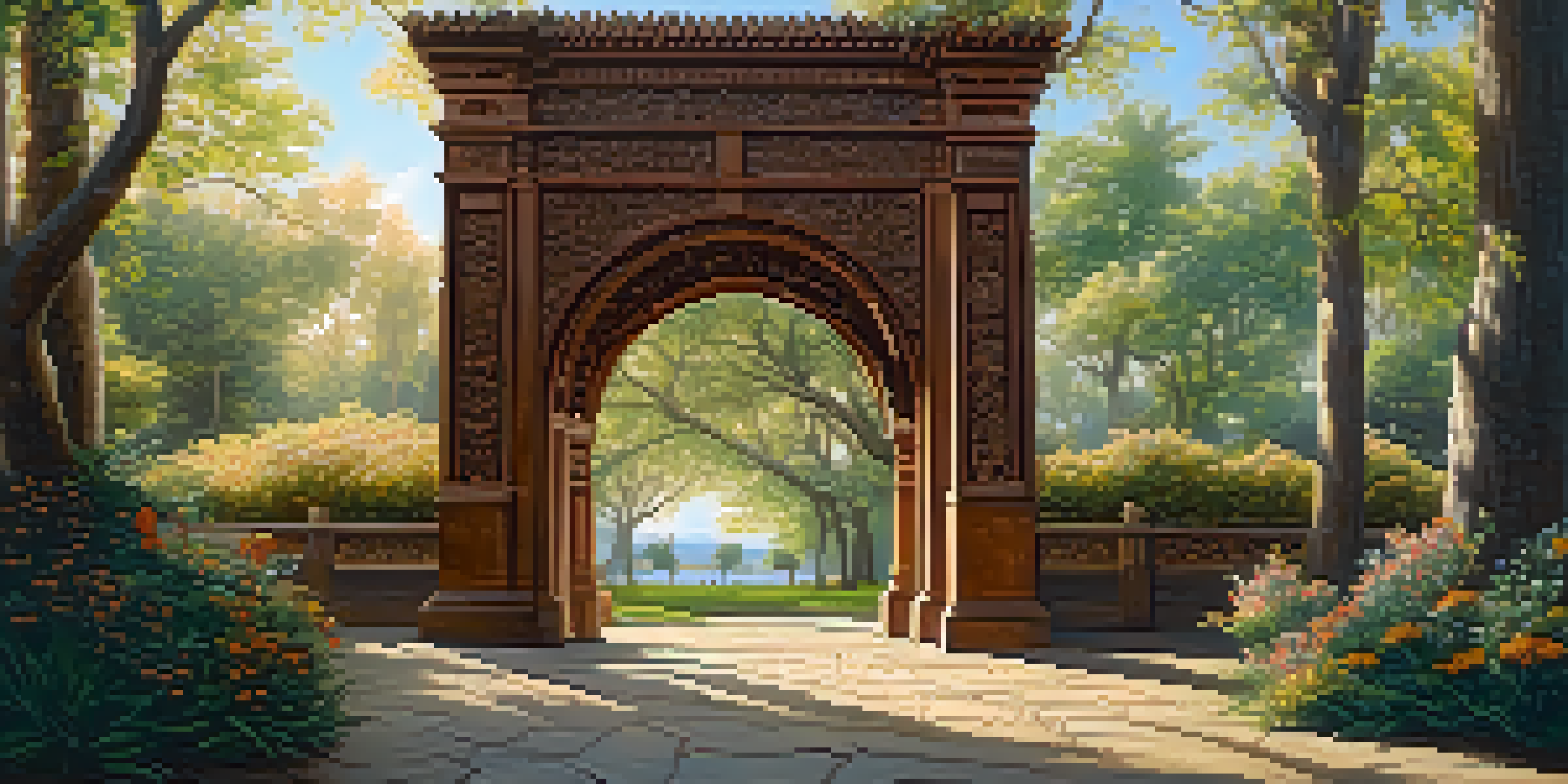 A carved wooden archway with floral designs in a sunny park, inviting people to walk through.