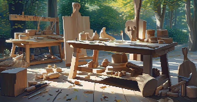 An artisan carving wood at an outdoor workshop, with tools and wood shavings on a table, sunlight filtering through trees.