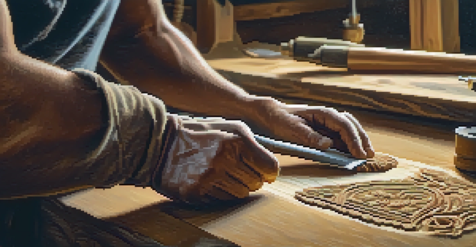 An artisan chiseling designs into wood, with sunlight streaming through a window in a workshop.
